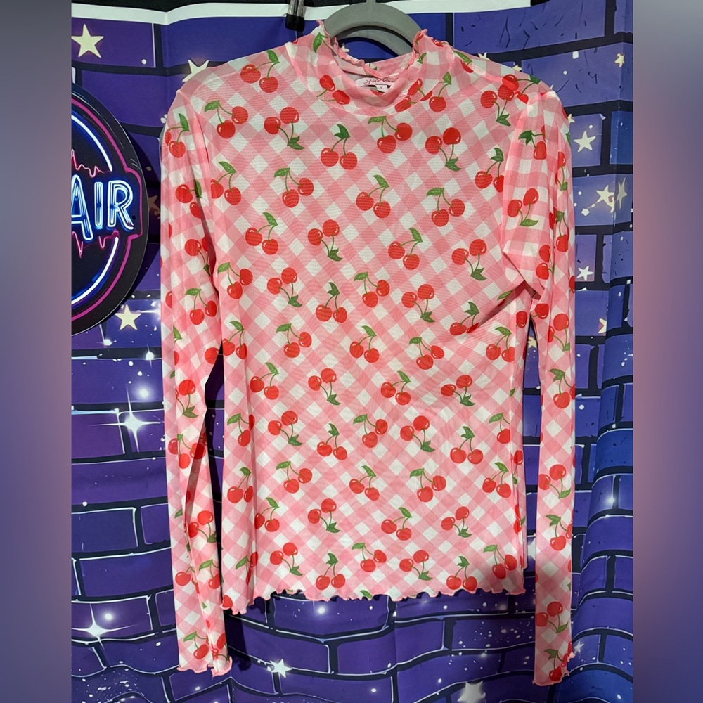 NEW Jess Lea Pink Cherry Print Long Sleeve Mesh Top size Large